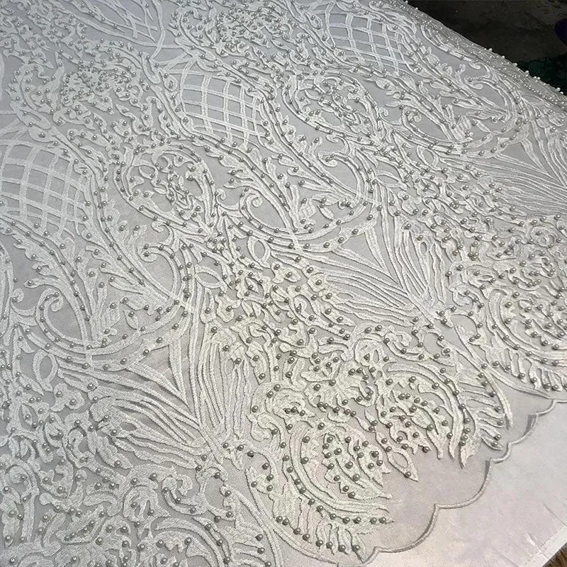 Multi-Color Design Embroidered Beaded Lace Fabric