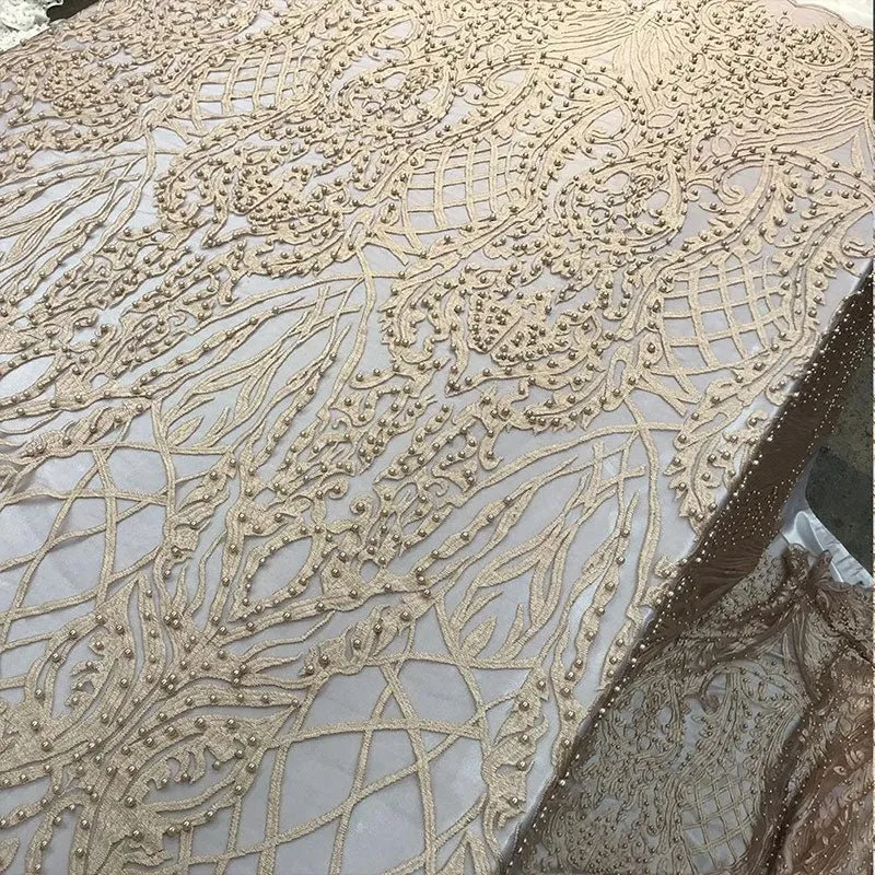 Multi-Color Design Embroidered Beaded Lace Fabric