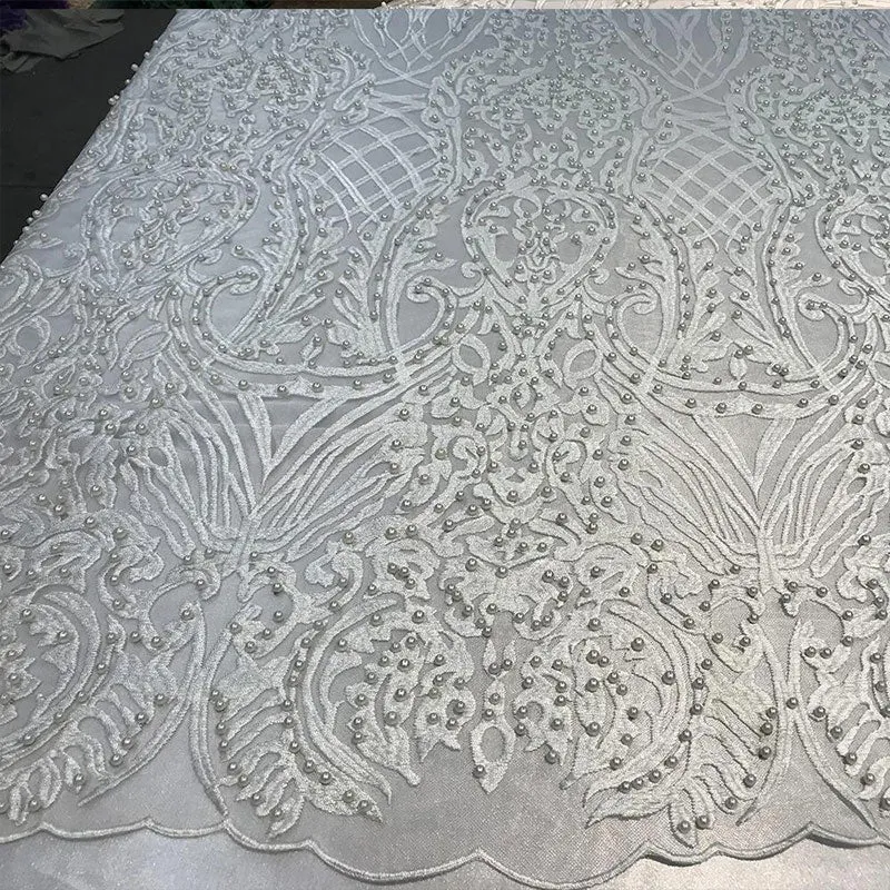 Multi-Color Design Embroidered Beaded Lace Fabric