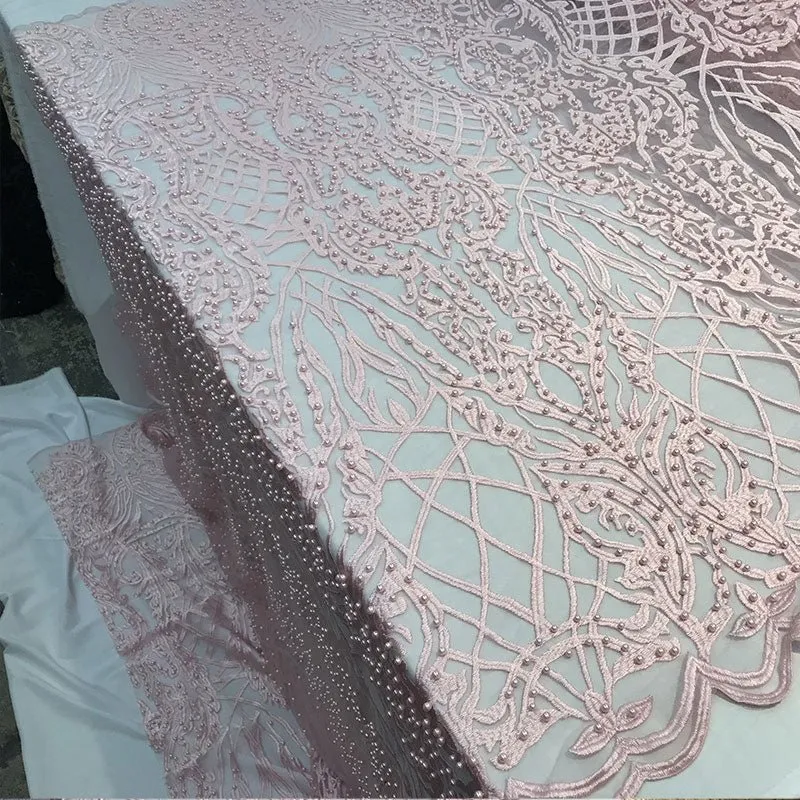 Multi-Color Design Embroidered Beaded Lace Fabric