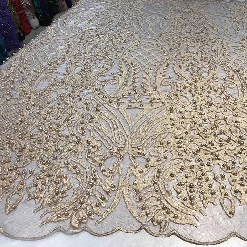 Multi-Color Design Embroidered Beaded Lace Fabric