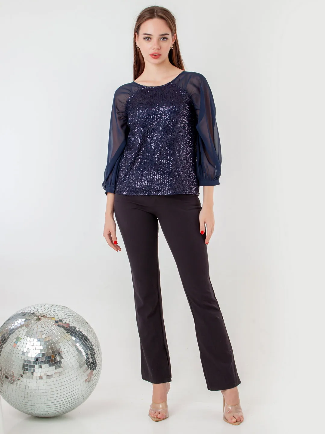 Navy Blue Embellished Regular Top