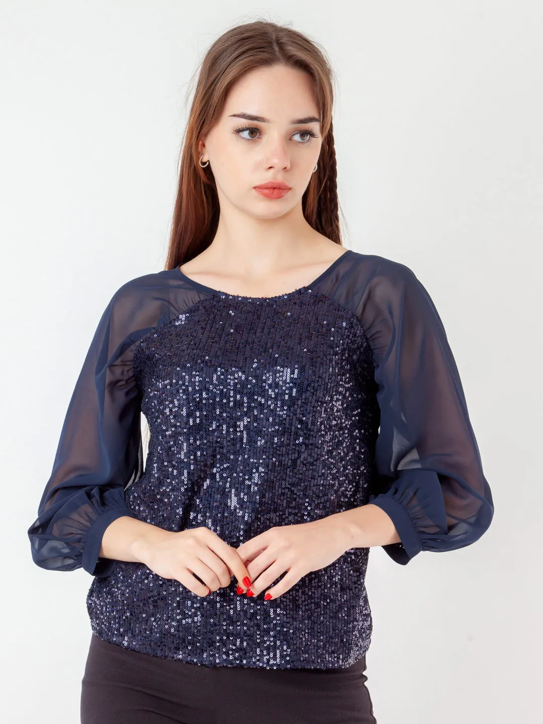 Navy Blue Embellished Regular Top