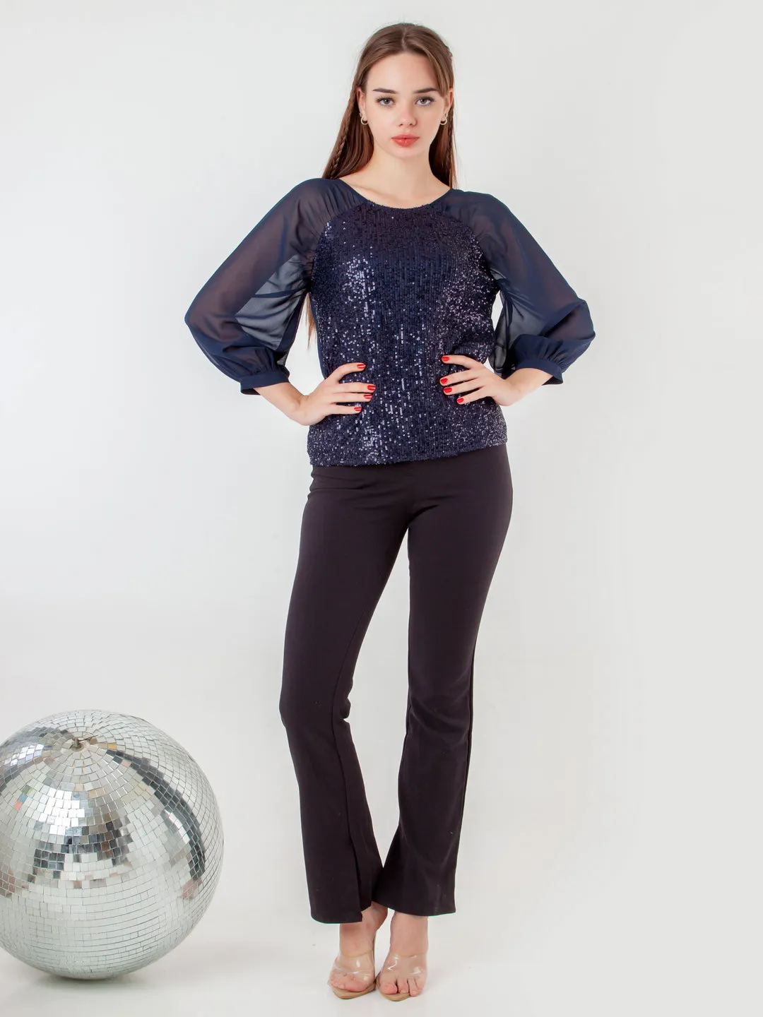 Navy Blue Embellished Regular Top