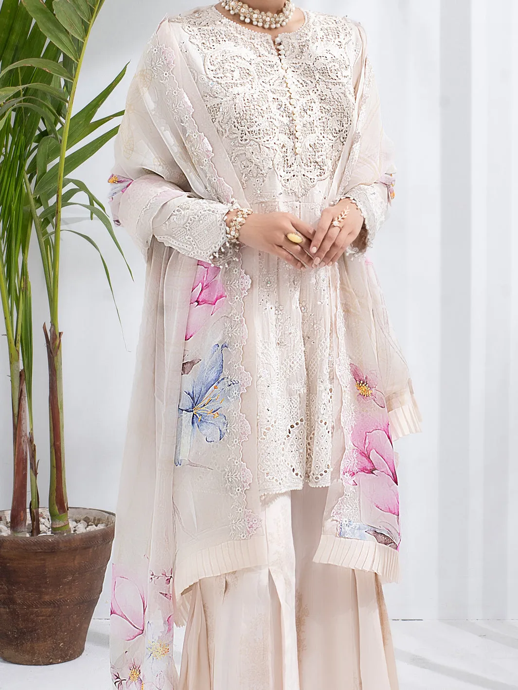 Off White Bemberg Chiffon 3 Piece Formal Stitched - AL-3PS-LS-308