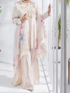 Off White Bemberg Chiffon 3 Piece Formal Stitched - AL-3PS-LS-308