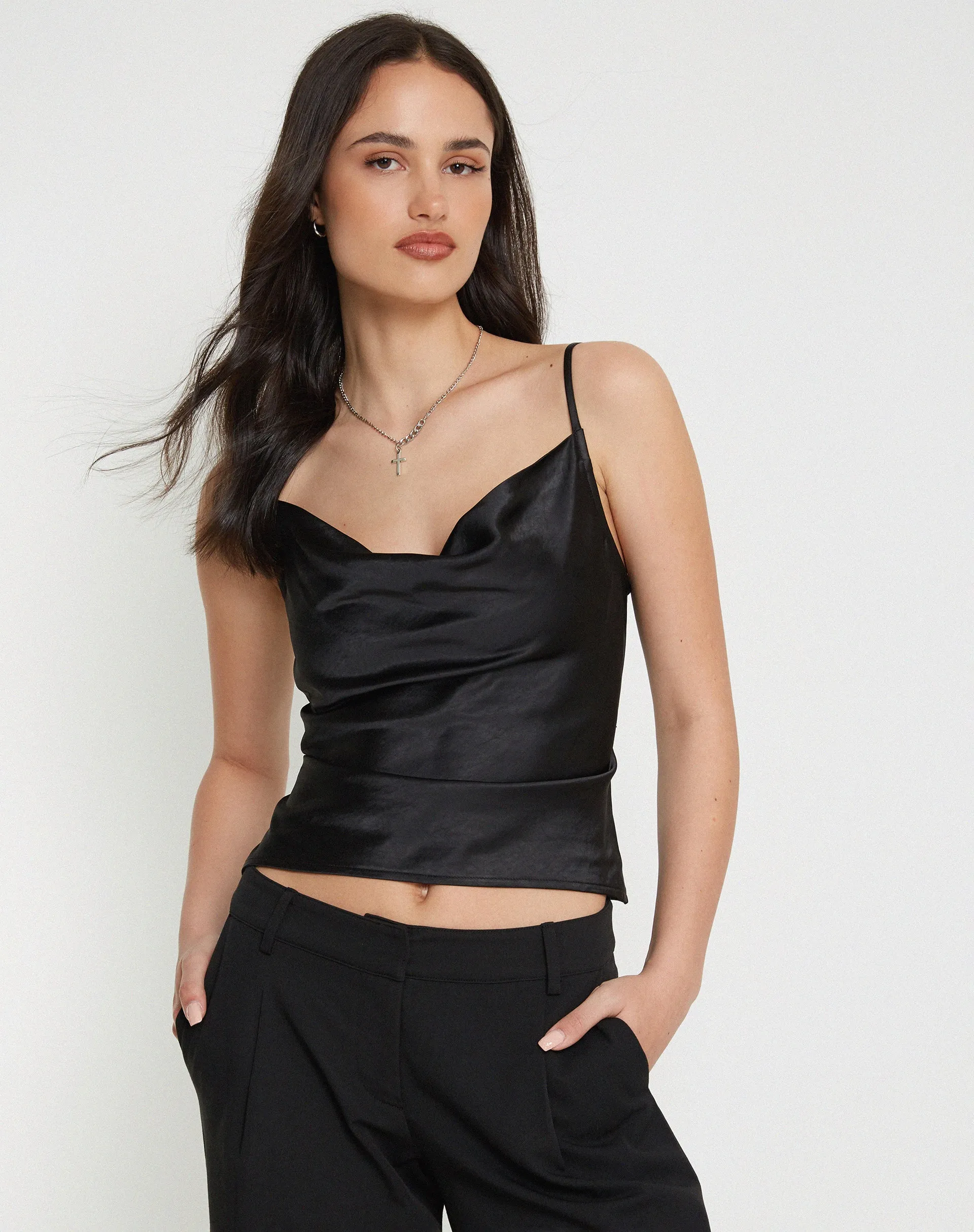 Paiva Cowl Neck Top in Satin Black