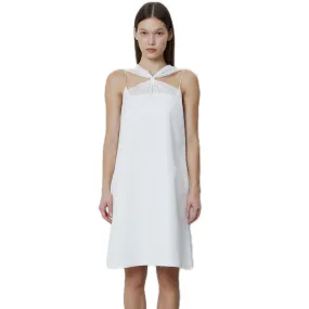 Pintucked Beaded Tie Dress in White