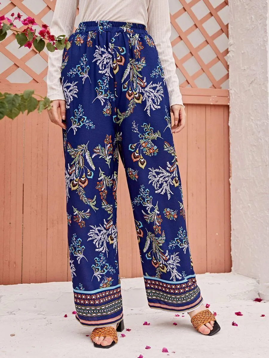 Plants & Tribal Print Wide Leg Chiffon Pants