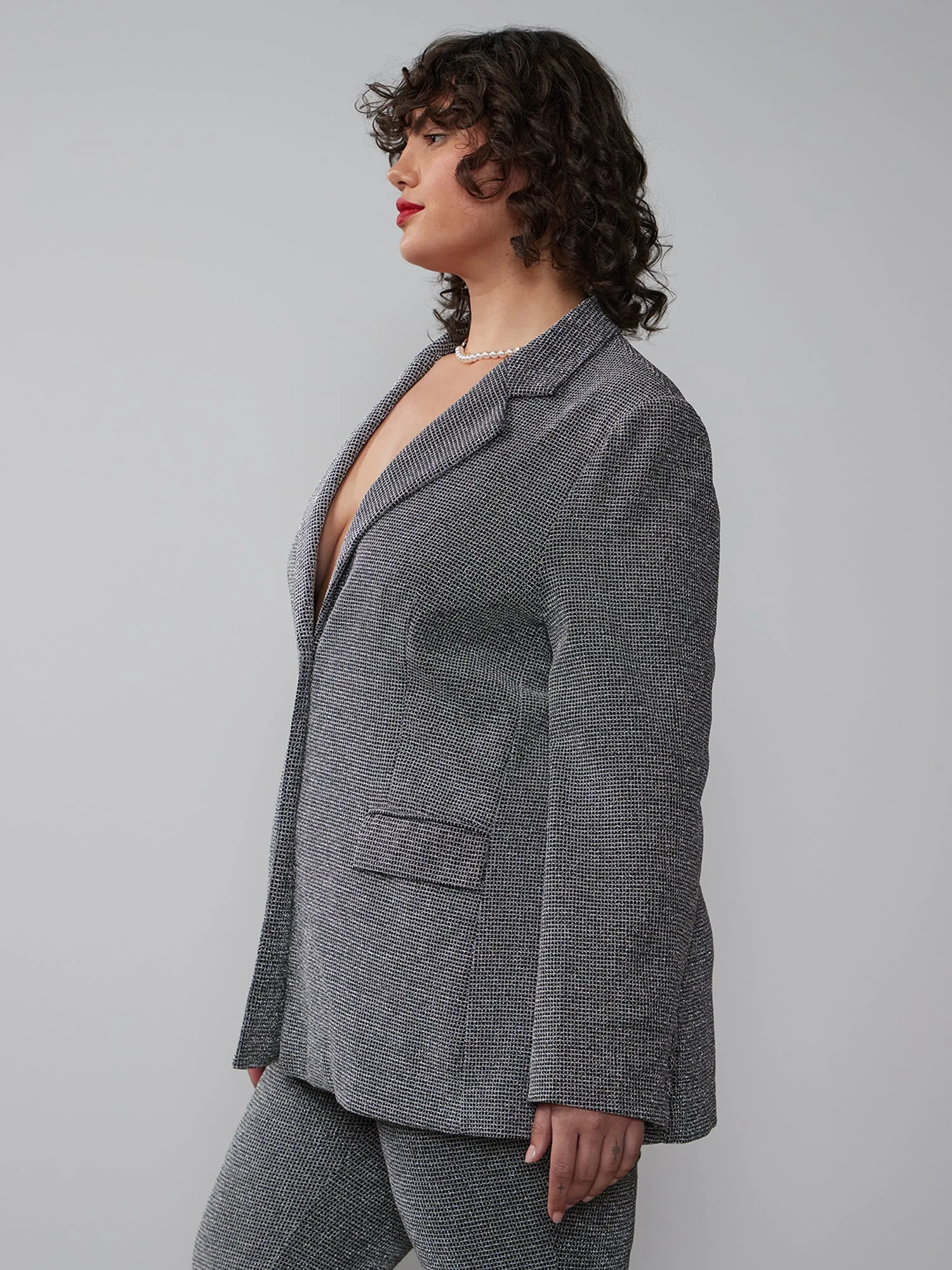 Plus Metallic Knit Single Breasted Blazer