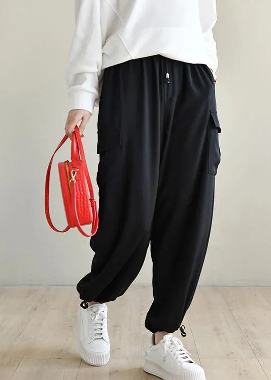 Plus Size Black Pockets Chiffon Pants