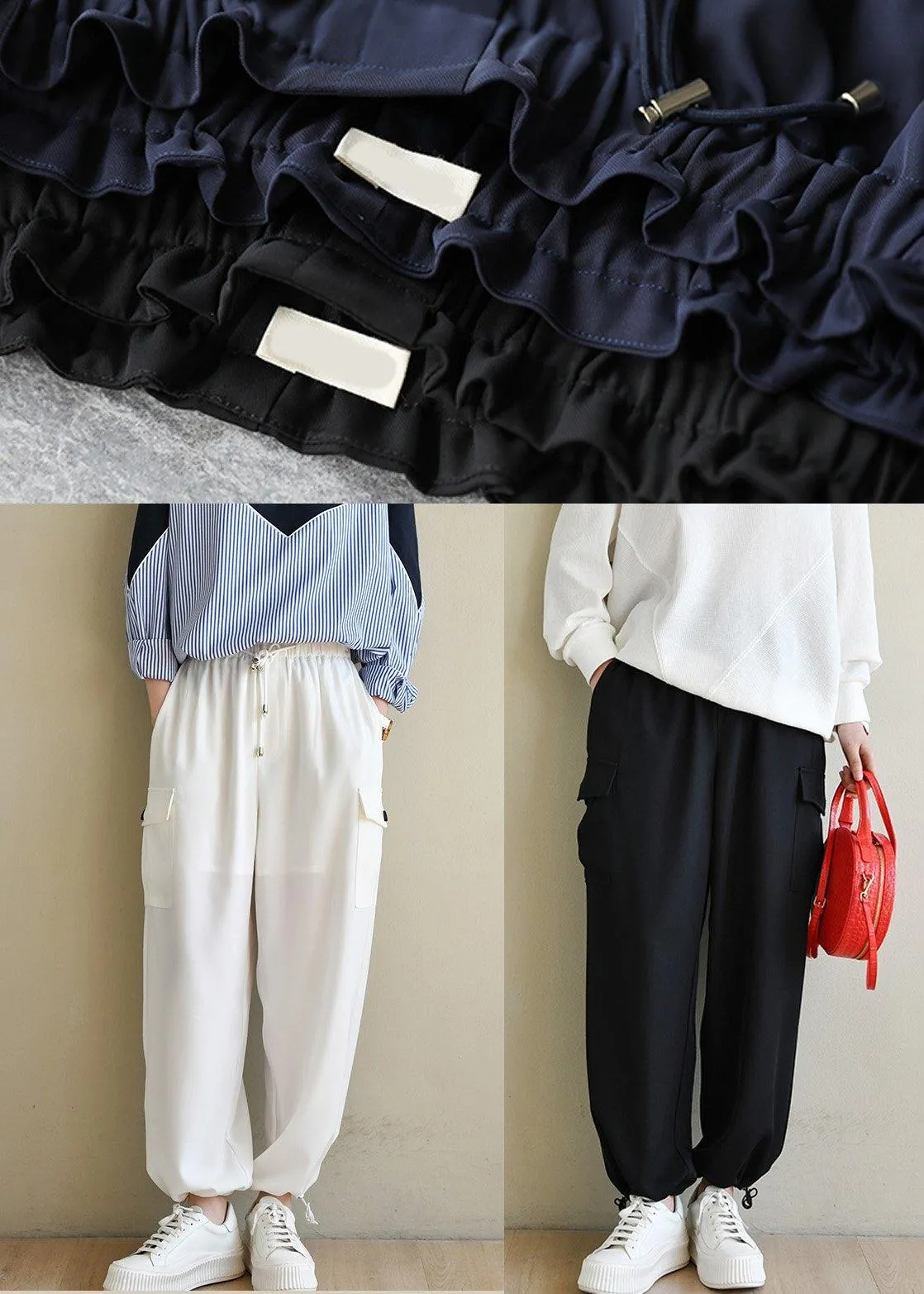 Plus Size Black Pockets Chiffon Pants