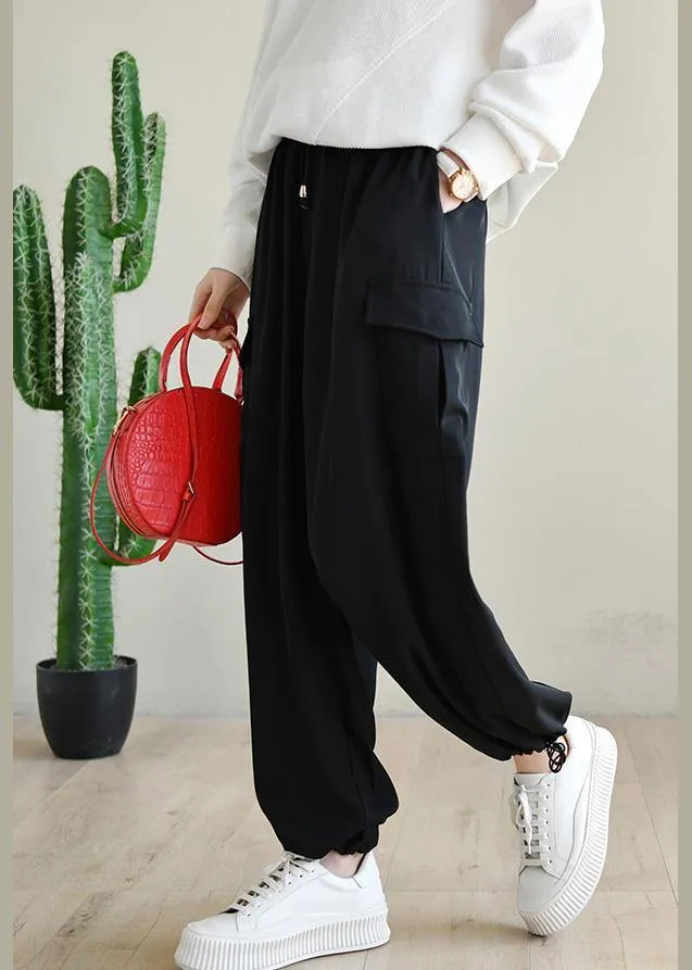 Plus Size Black Pockets Chiffon Pants