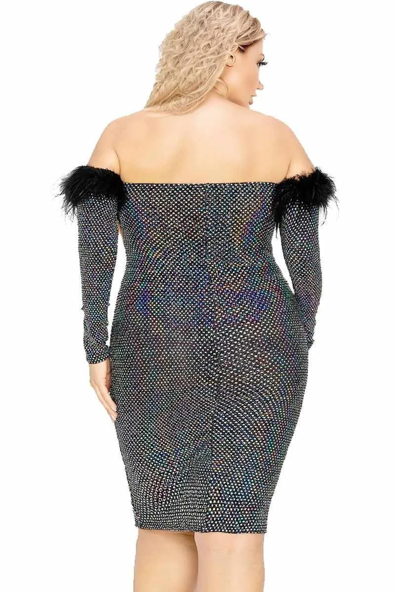 Plus Size Black Sequin Dress Off Shoulder Feather Trim Detail Black Sequin Dress