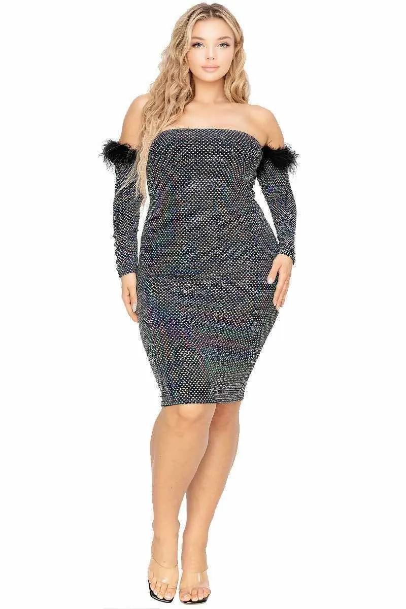 Plus Size Black Sequin Dress Off Shoulder Feather Trim Detail Black Sequin Dress