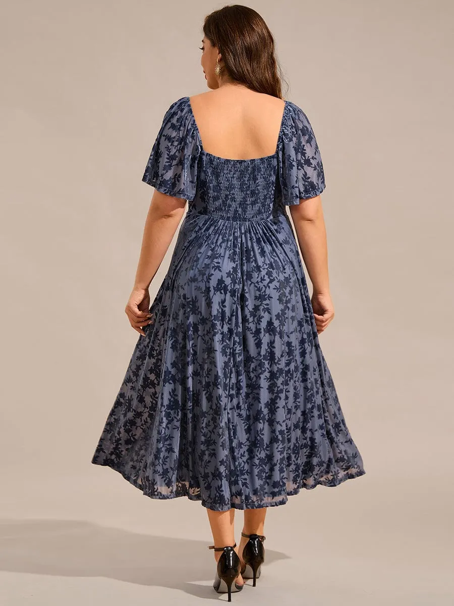 Plus Size Velvet Short Sleeve Tea-Length Jacquard Wedding Guest Dress