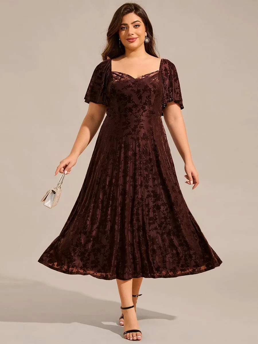 Plus Size Velvet Short Sleeve Tea-Length Jacquard Wedding Guest Dress