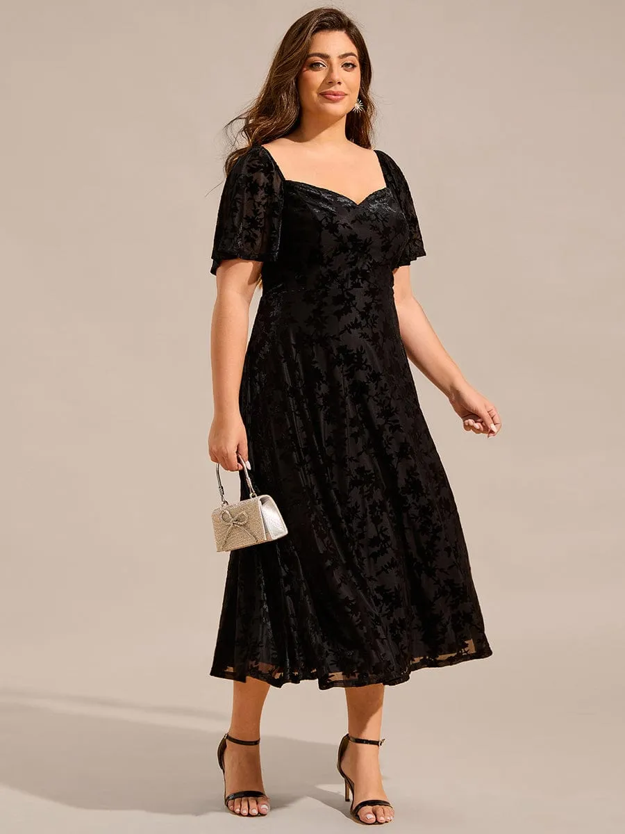 Plus Size Velvet Short Sleeve Tea-Length Jacquard Wedding Guest Dress