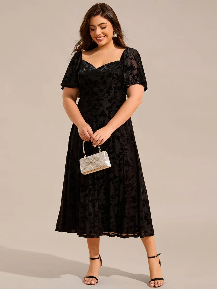 Plus Size Velvet Short Sleeve Tea-Length Jacquard Wedding Guest Dress