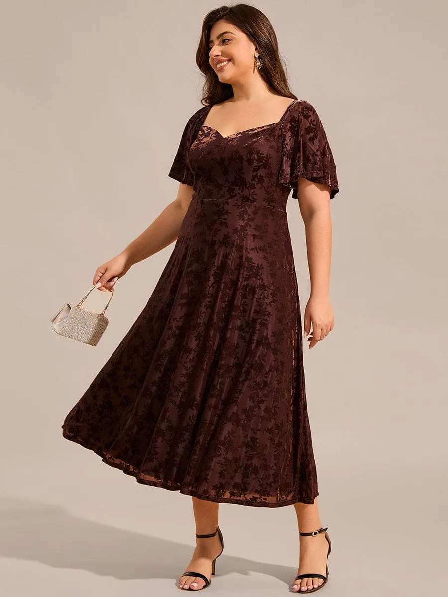 Plus Size Velvet Short Sleeve Tea-Length Jacquard Wedding Guest Dress