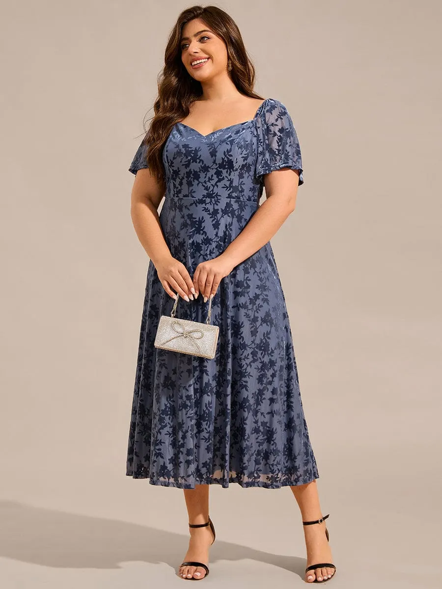 Plus Size Velvet Short Sleeve Tea-Length Jacquard Wedding Guest Dress