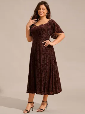 Plus Size Velvet Short Sleeve Tea-Length Jacquard Wedding Guest Dress