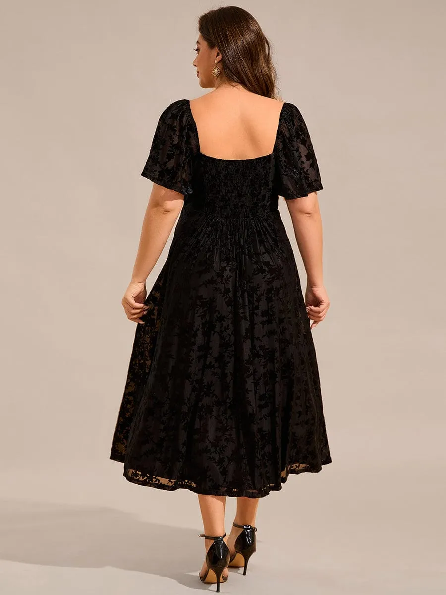 Plus Size Velvet Short Sleeve Tea-Length Jacquard Wedding Guest Dress