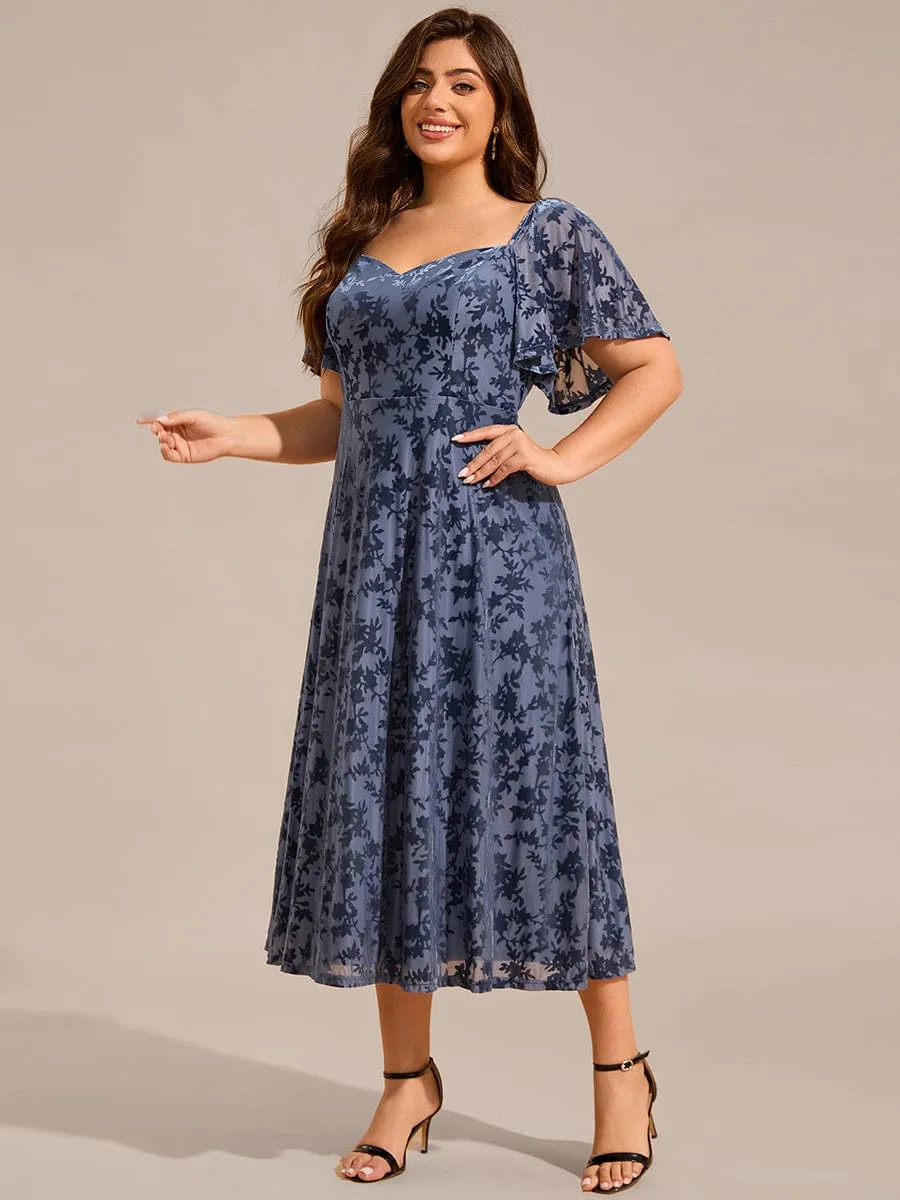 Plus Size Velvet Short Sleeve Tea-Length Jacquard Wedding Guest Dress