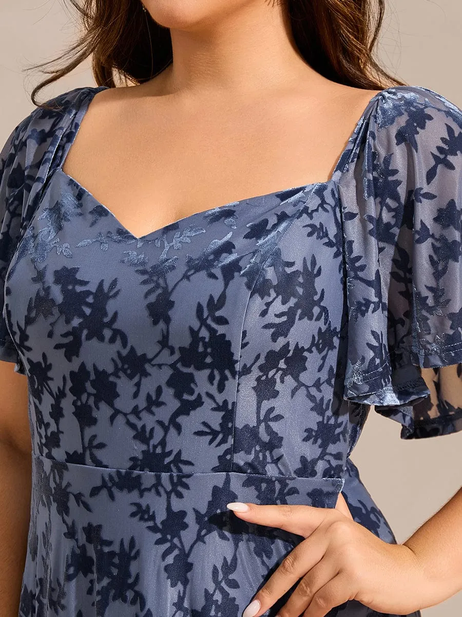 Plus Size Velvet Short Sleeve Tea-Length Jacquard Wedding Guest Dress