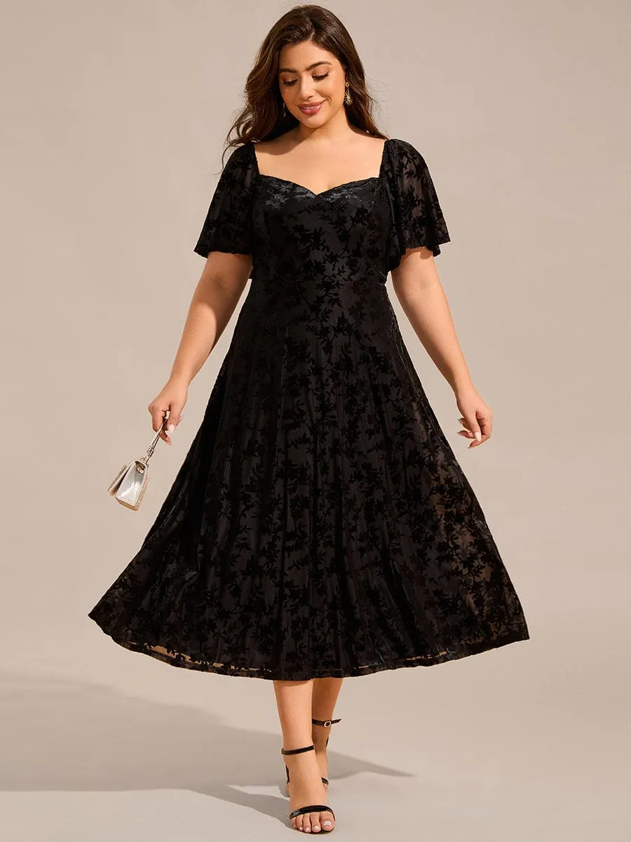 Plus Size Velvet Short Sleeve Tea-Length Jacquard Wedding Guest Dress