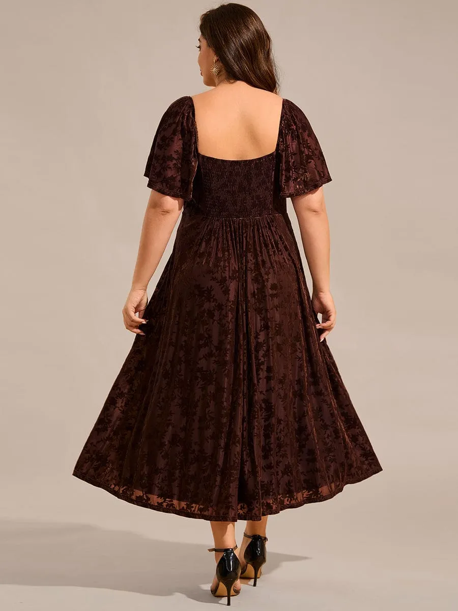 Plus Size Velvet Short Sleeve Tea-Length Jacquard Wedding Guest Dress