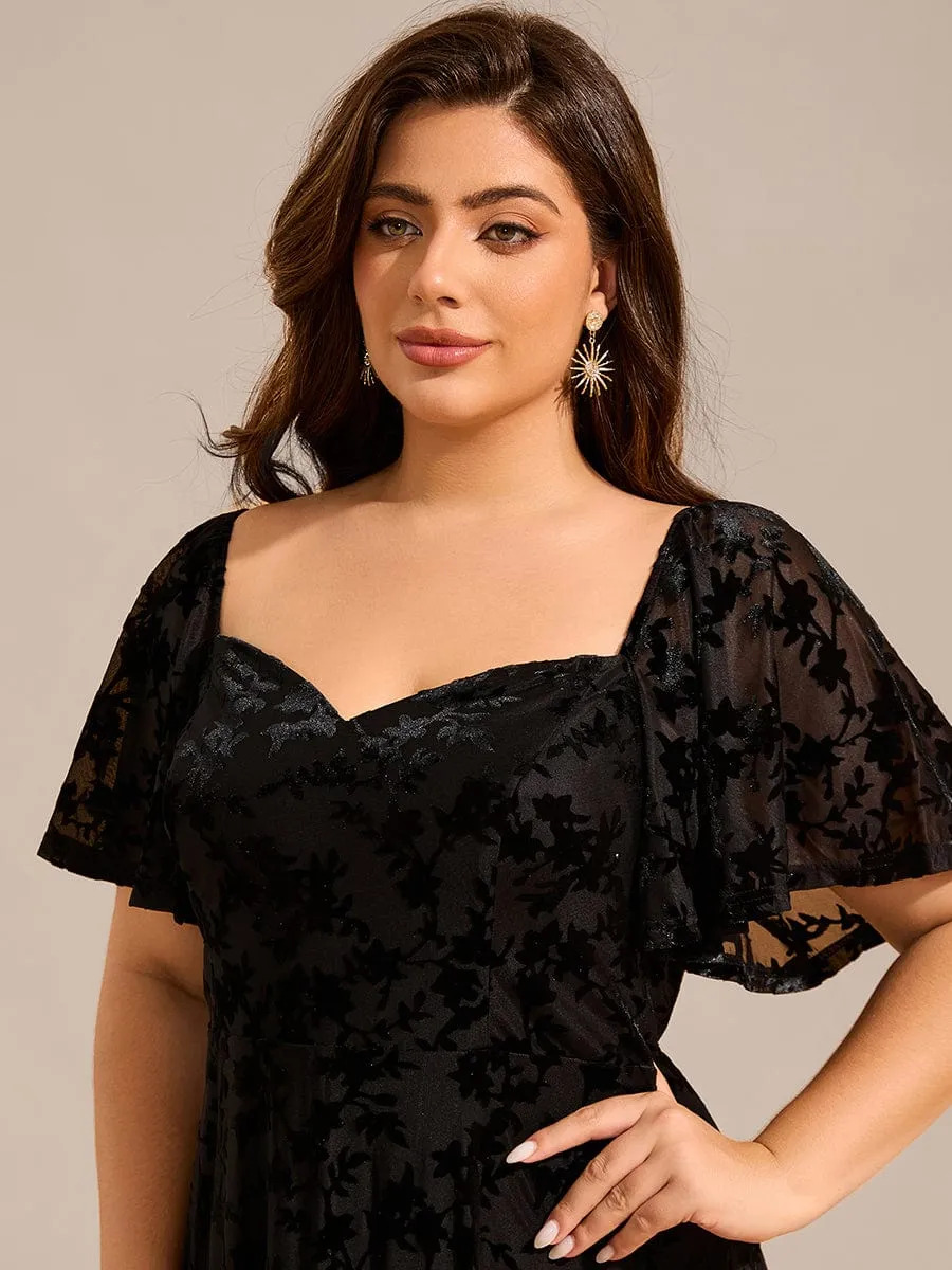 Plus Size Velvet Short Sleeve Tea-Length Jacquard Wedding Guest Dress