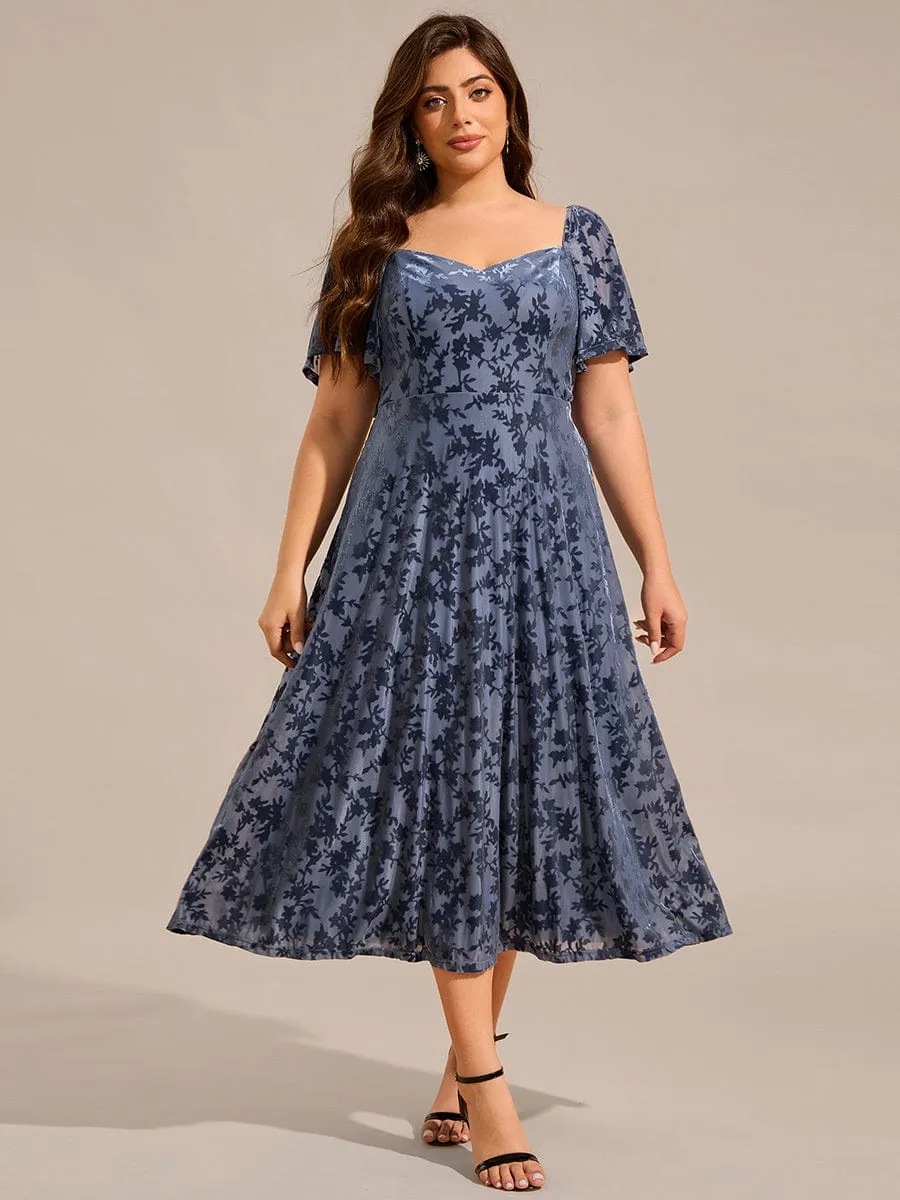 Plus Size Velvet Short Sleeve Tea-Length Jacquard Wedding Guest Dress