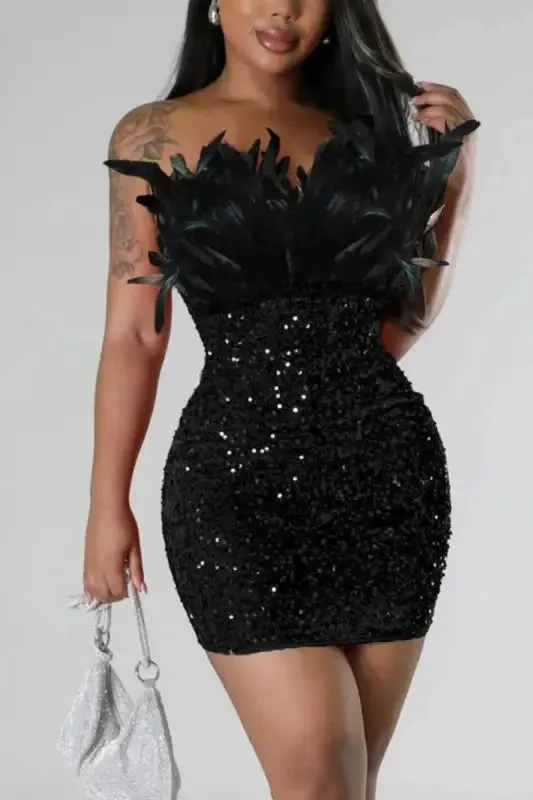 Precious Feather Sequin Tube Top Mini Dress