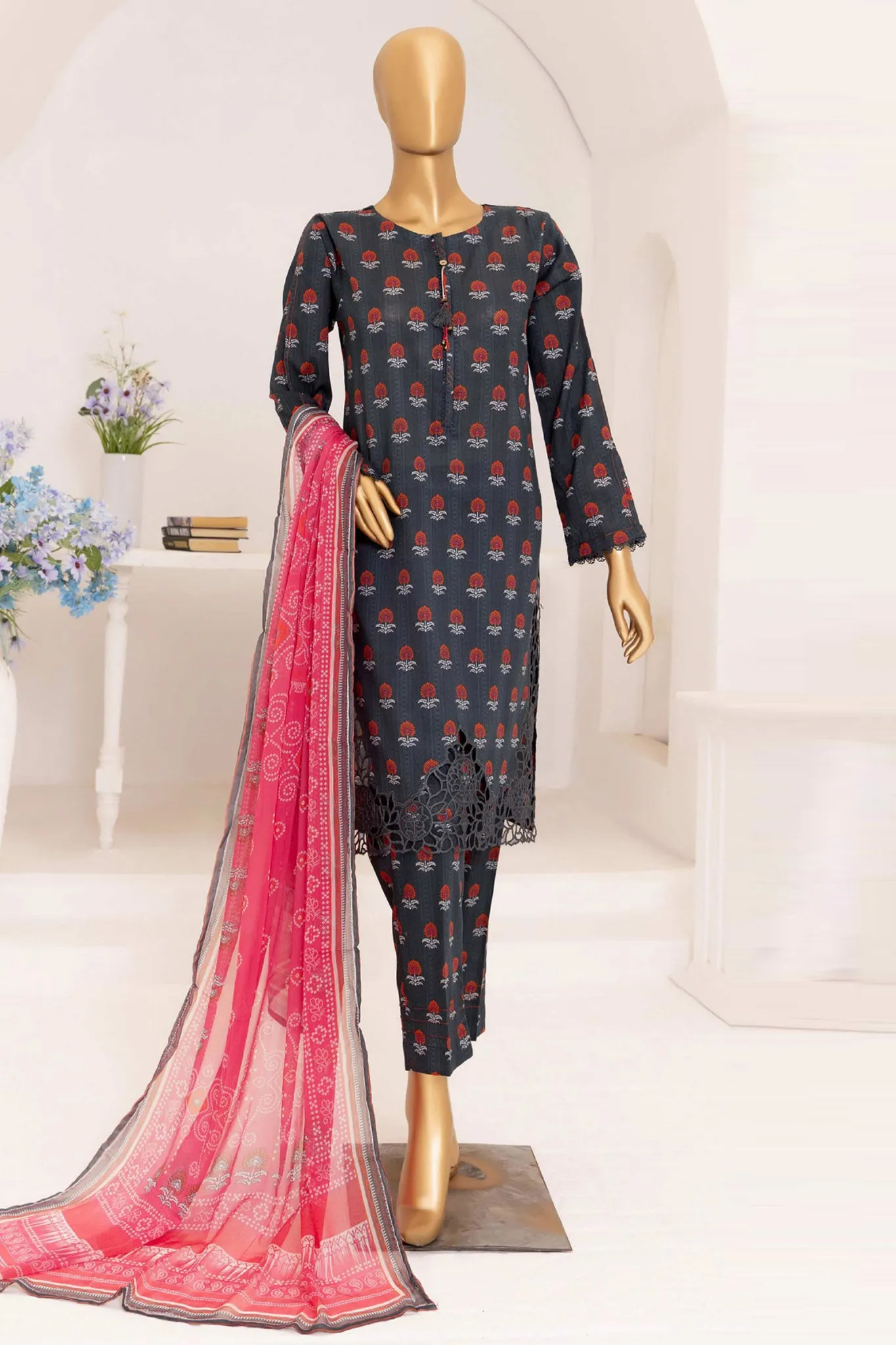 Print & Needle By HZ Stitched 3 Piece Cutwork Printed Lawn Collection'2024-ECL-415-Black