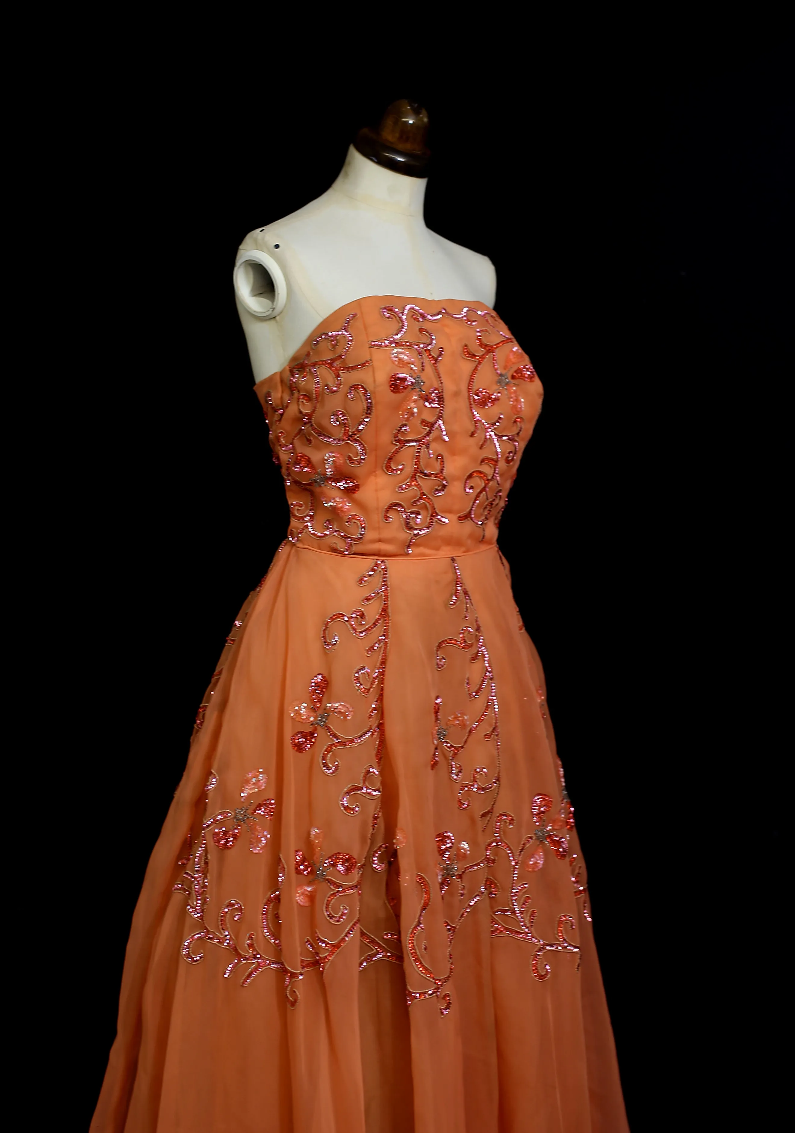 RESERVED - Vintage 1950s Orange Beaded Ballgown Dress