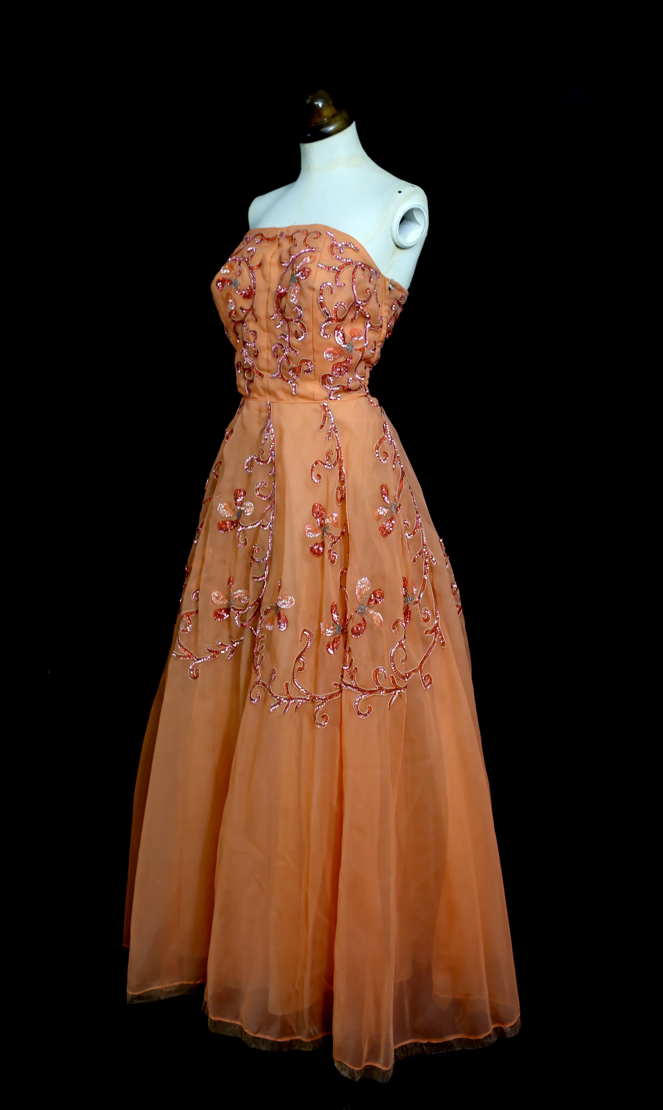 RESERVED - Vintage 1950s Orange Beaded Ballgown Dress