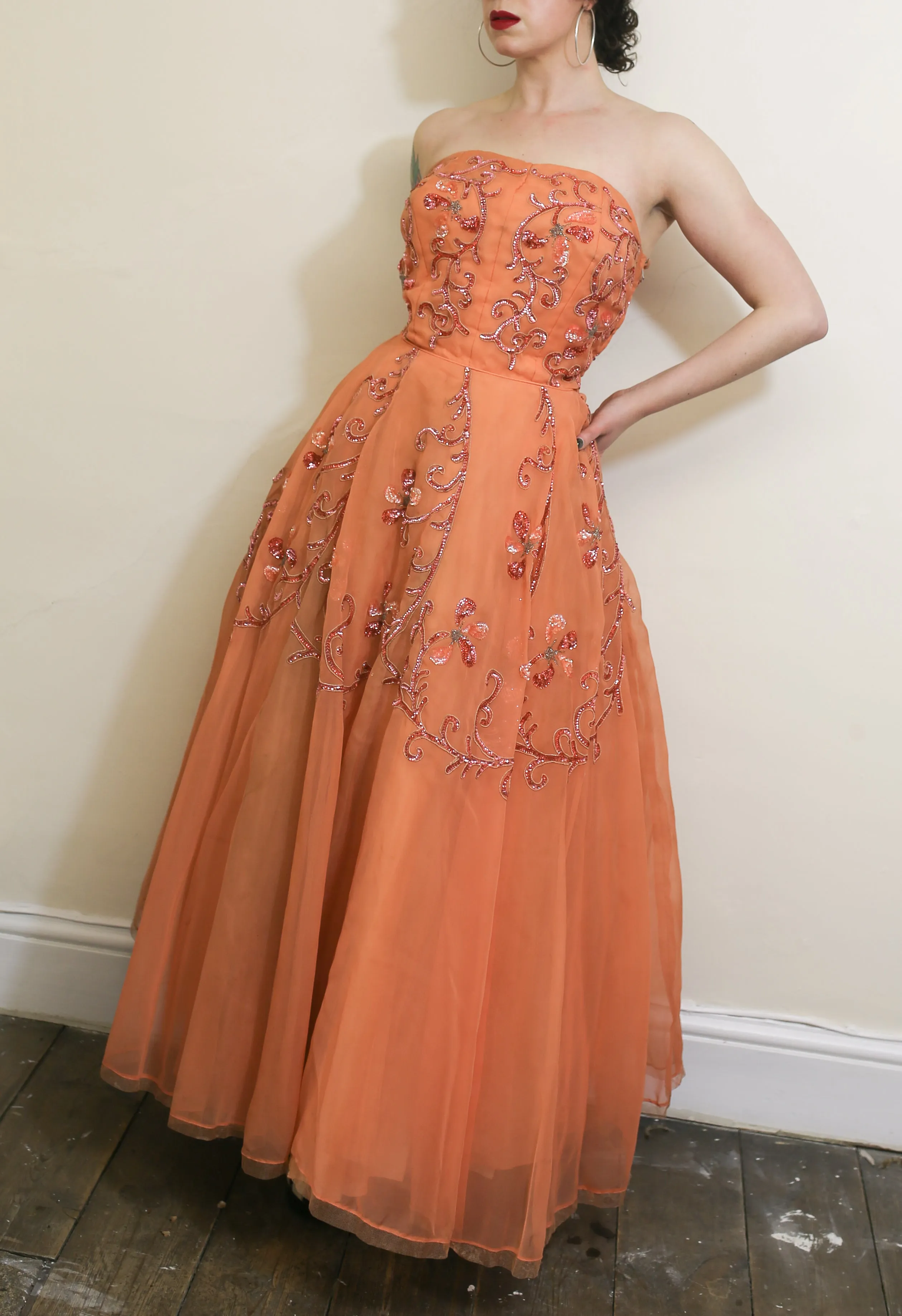 RESERVED - Vintage 1950s Orange Beaded Ballgown Dress