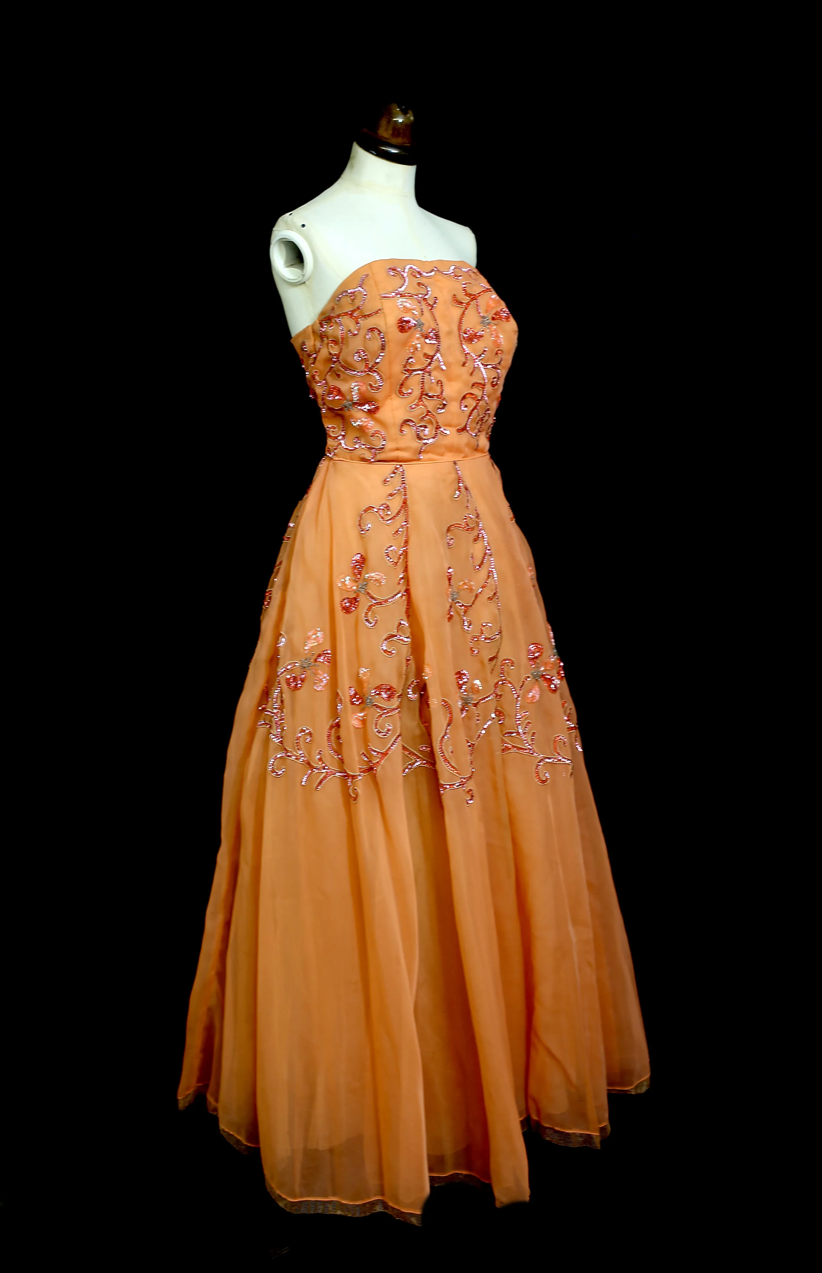 RESERVED - Vintage 1950s Orange Beaded Ballgown Dress