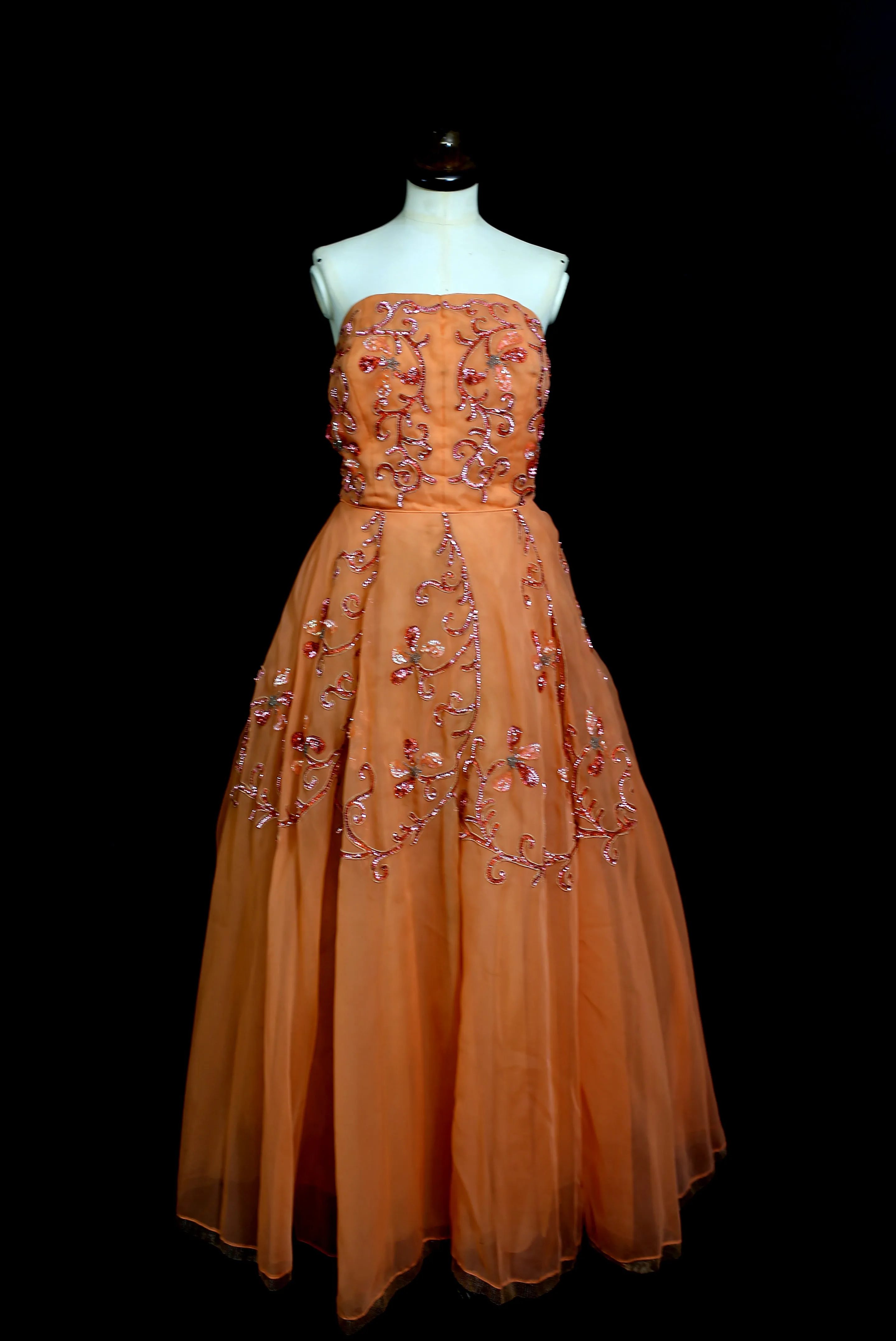 RESERVED - Vintage 1950s Orange Beaded Ballgown Dress