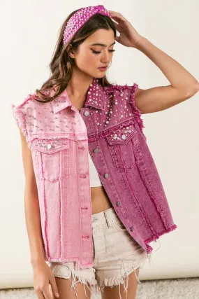 Rhinestone  Decor Contrast Raw Hem Vest Coat