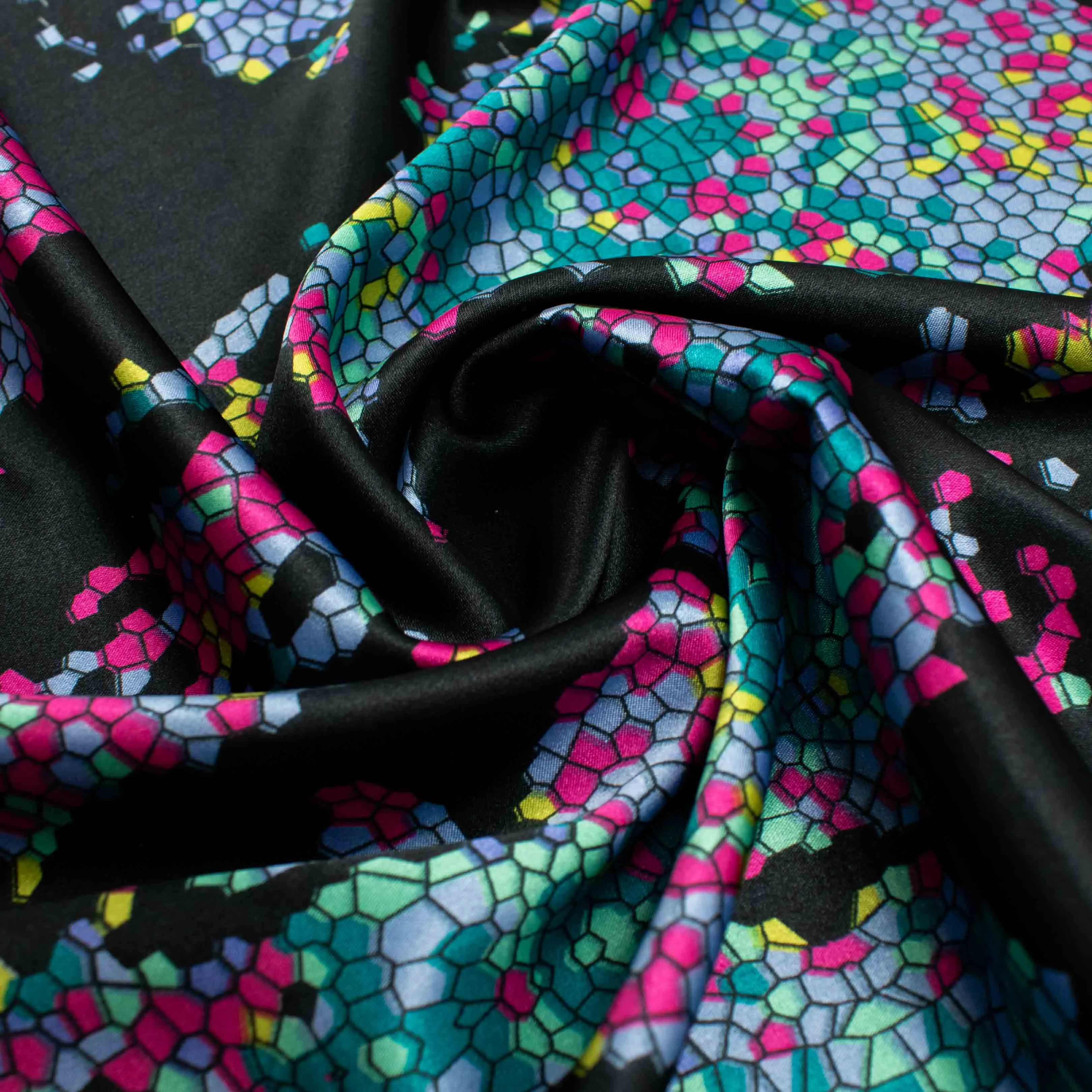 Satin Prints Design-205 Teal & Pink Mosaic on Black