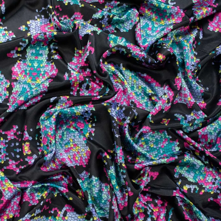 Satin Prints Design-205 Teal & Pink Mosaic on Black