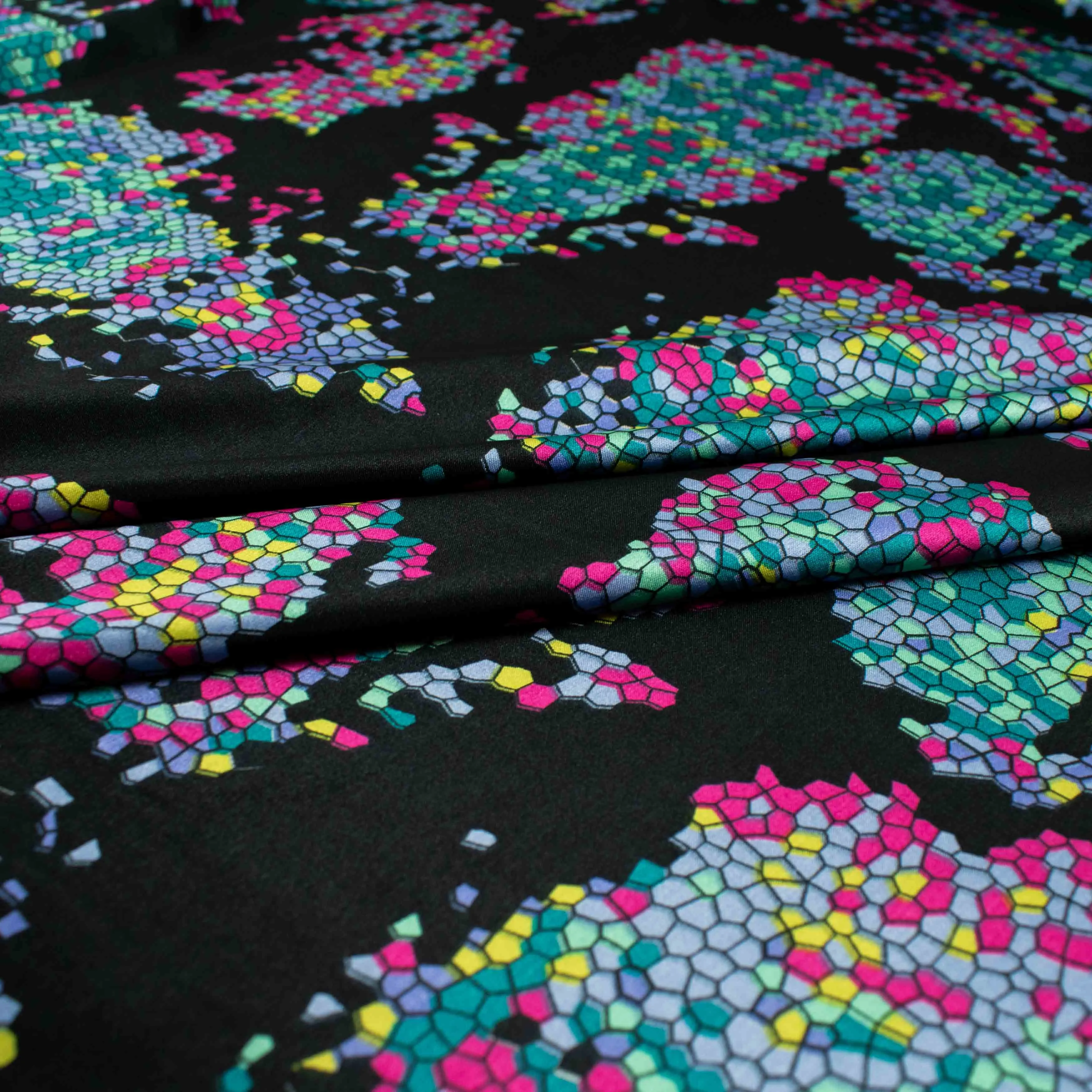 Satin Prints Design-205 Teal & Pink Mosaic on Black