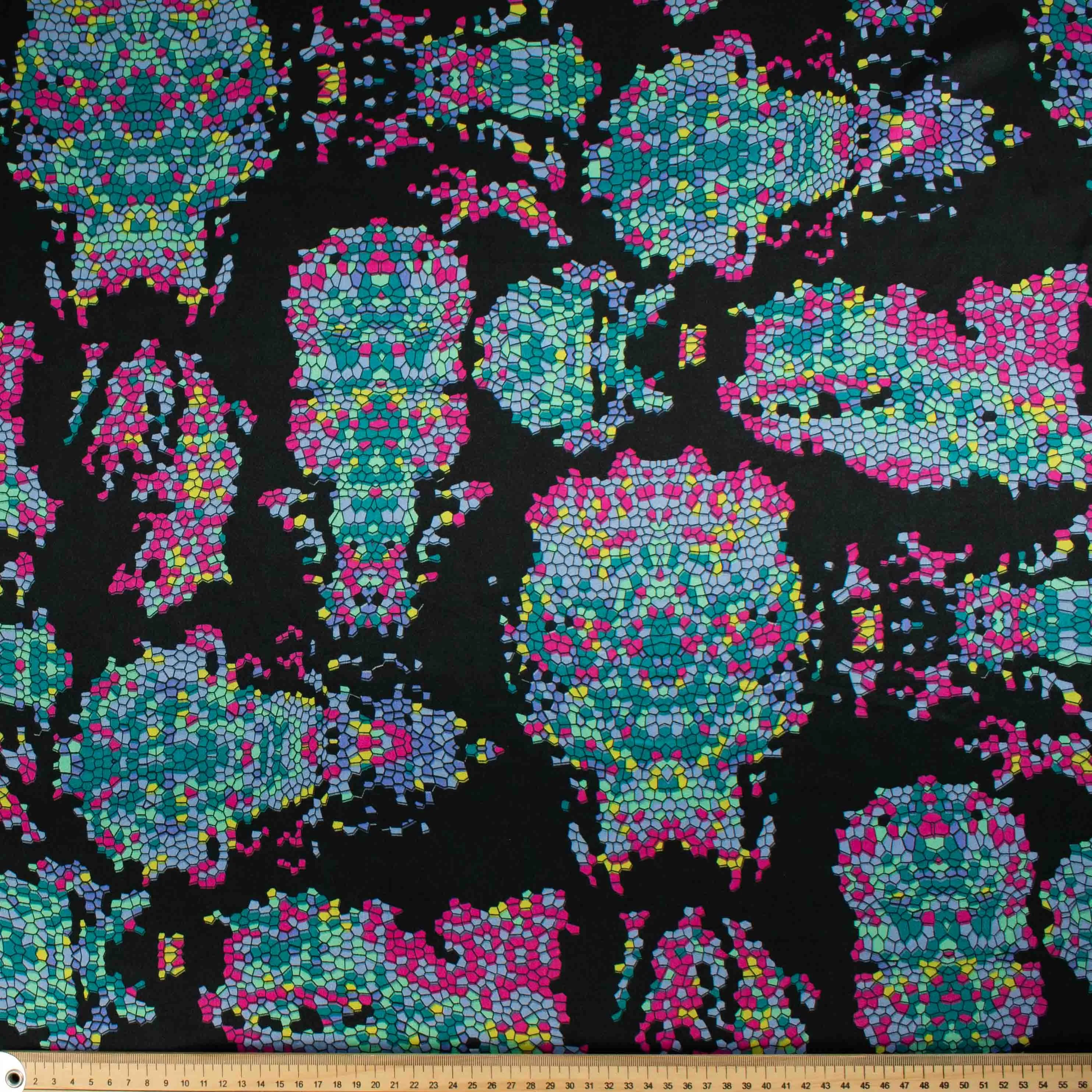 Satin Prints Design-205 Teal & Pink Mosaic on Black