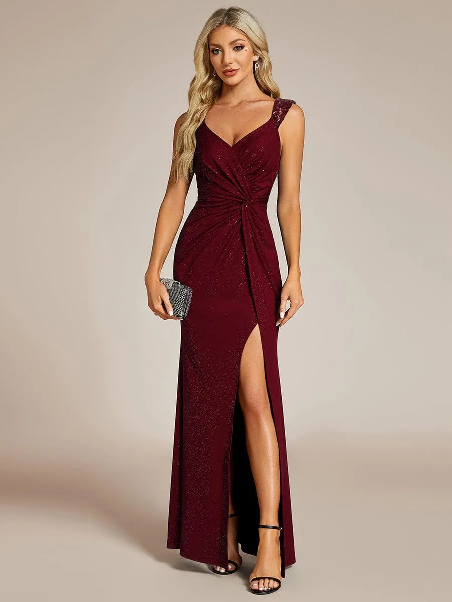 Sequin Shoulder Strap Twist High Slit Prom Dress