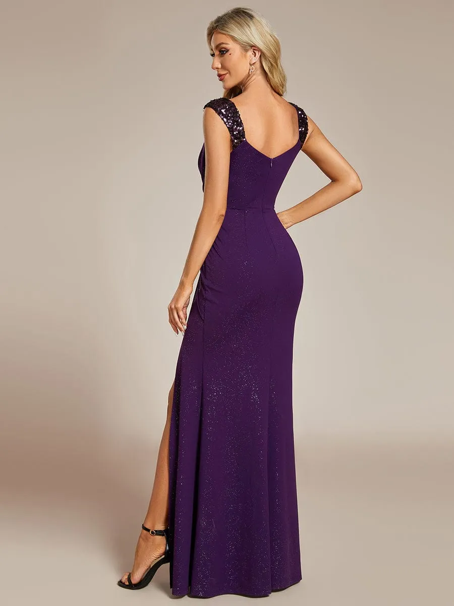 Sequin Shoulder Strap Twist High Slit Prom Dress