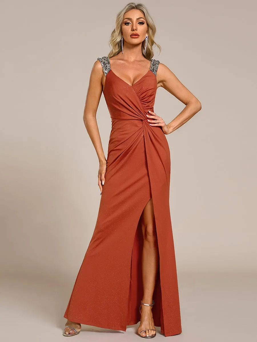 Sequin Shoulder Strap Twist High Slit Prom Dress