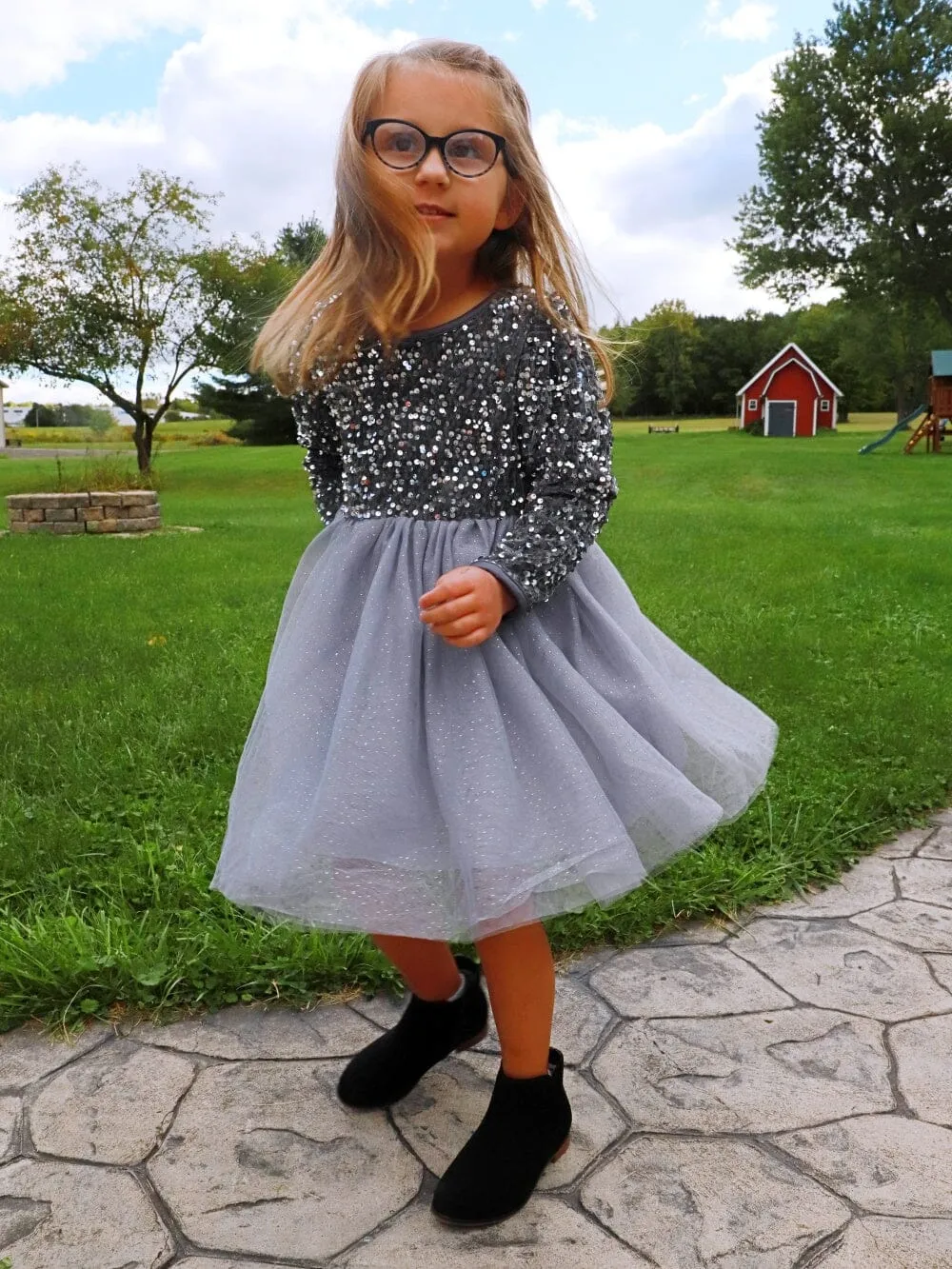 Silver Sequin Velvet Tulle Chiffon Girls Special Occasion Tutu Dress