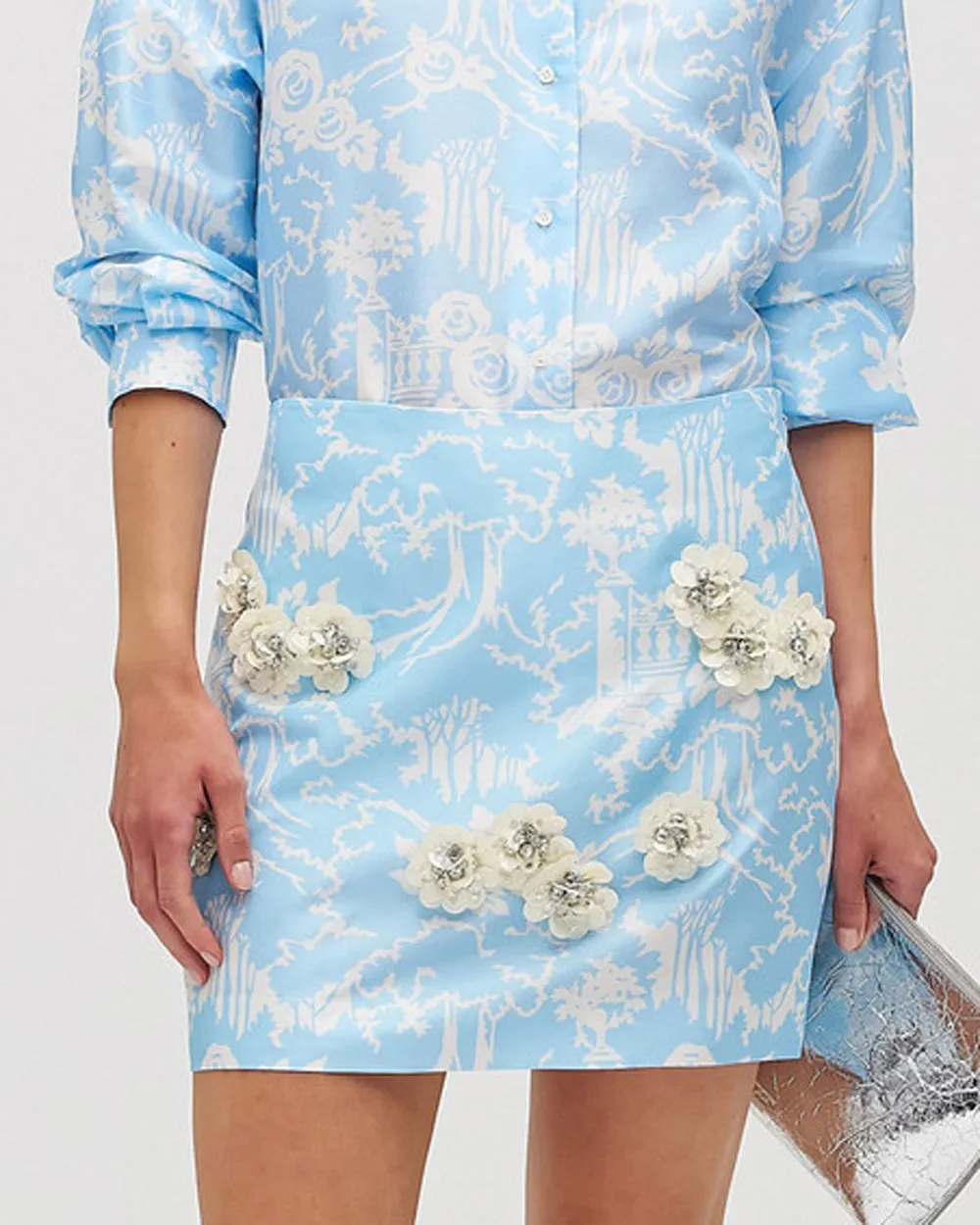 Sky Blue Toile Embellished Garden Mini Skirt